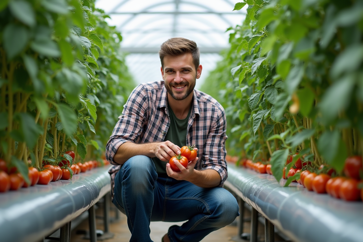 Jeune homme examine des plants de tomates en hydroponie