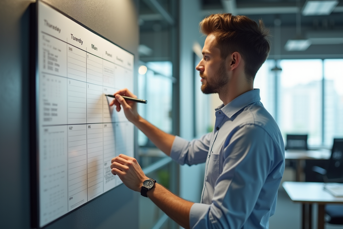 Jeune homme utilisant un planner dans un bureau moderne