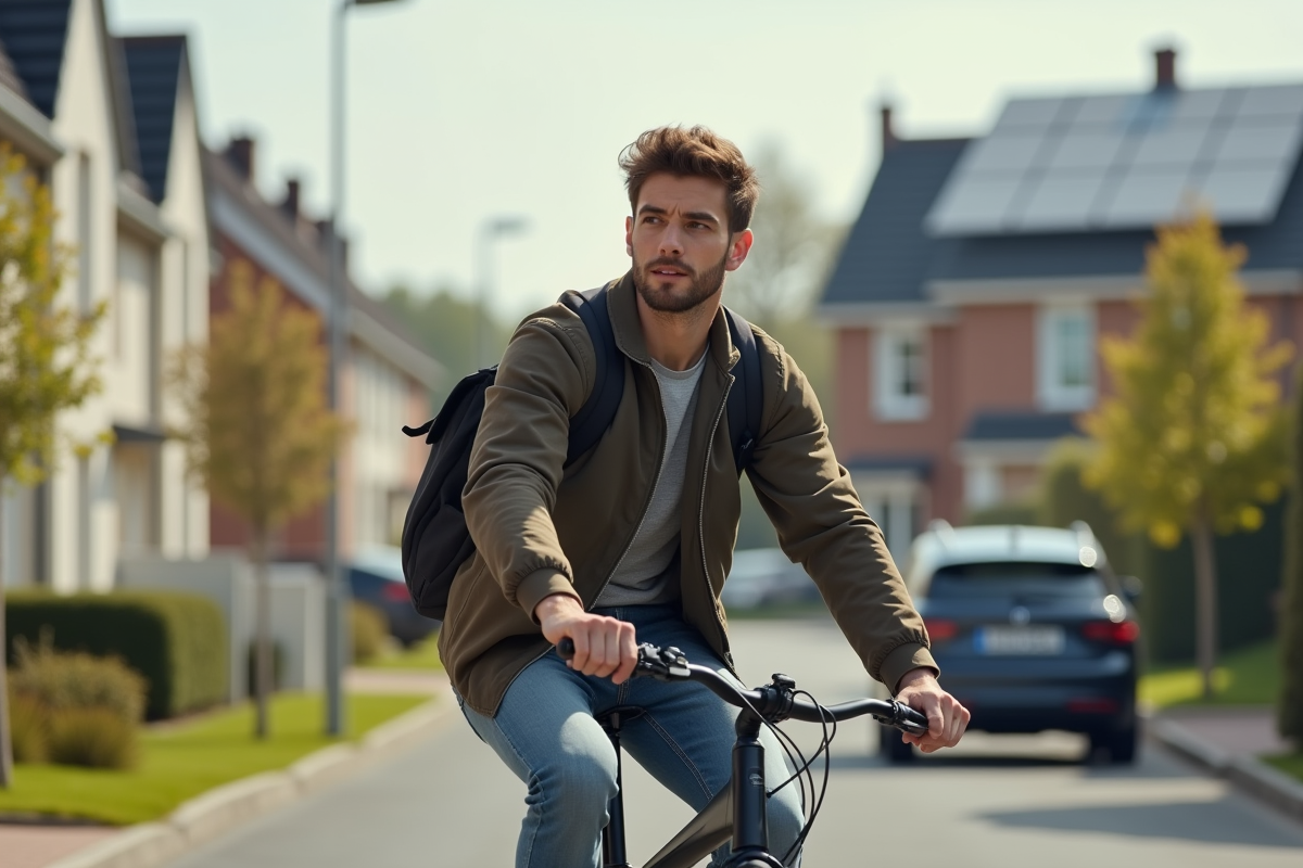 Jeune homme à vélo dans un quartier écologique en banlieue