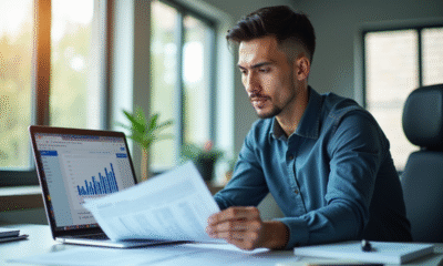 Jeune professionnel confiant analysant des documents comptables au bureau