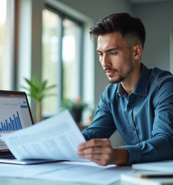 Jeune professionnel confiant analysant des documents comptables au bureau