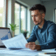 Jeune professionnel confiant analysant des documents comptables au bureau