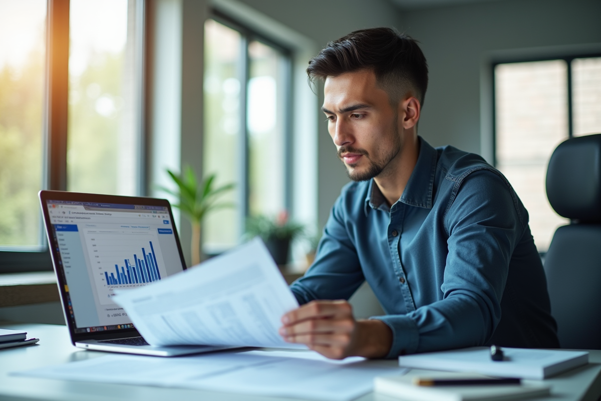 Jeune professionnel confiant analysant des documents comptables au bureau