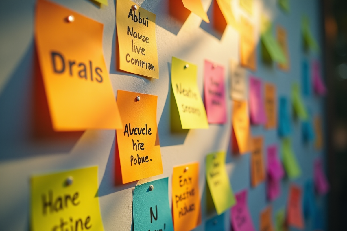 Mur de postit avec mots positifs et negatifs contrastes