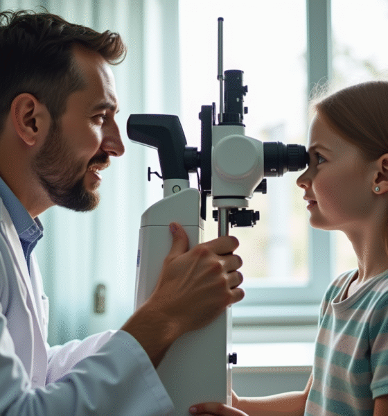 Orthoptiste examinant un jeune patient avec un équipement moderne