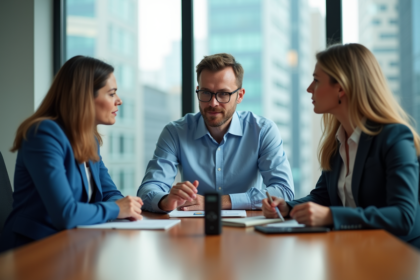 Trois professionnels en réunion dans un bureau moderne