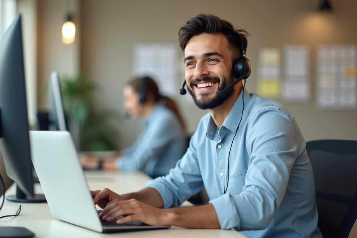 Jeune homme souriant au téléphone dans un espace de travail organisé