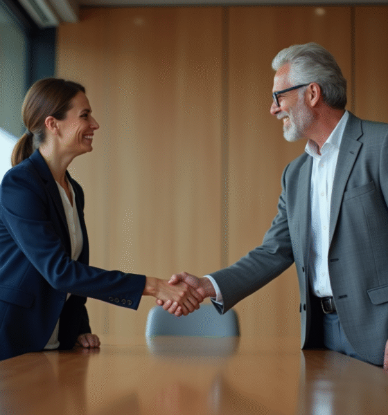 Deux professionnels se serrent la main dans une réunion d'affaires