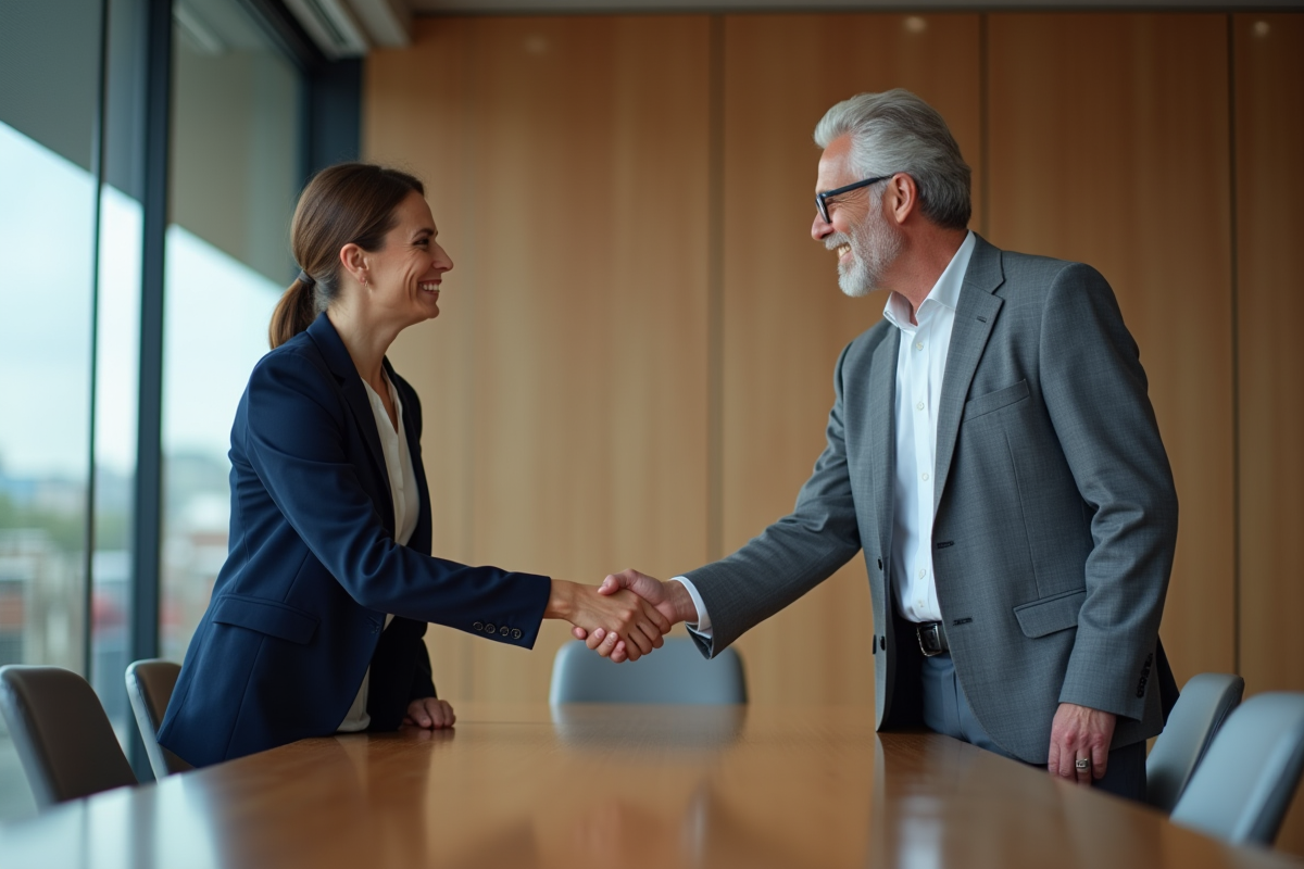 Deux professionnels se serrent la main dans une réunion d'affaires
