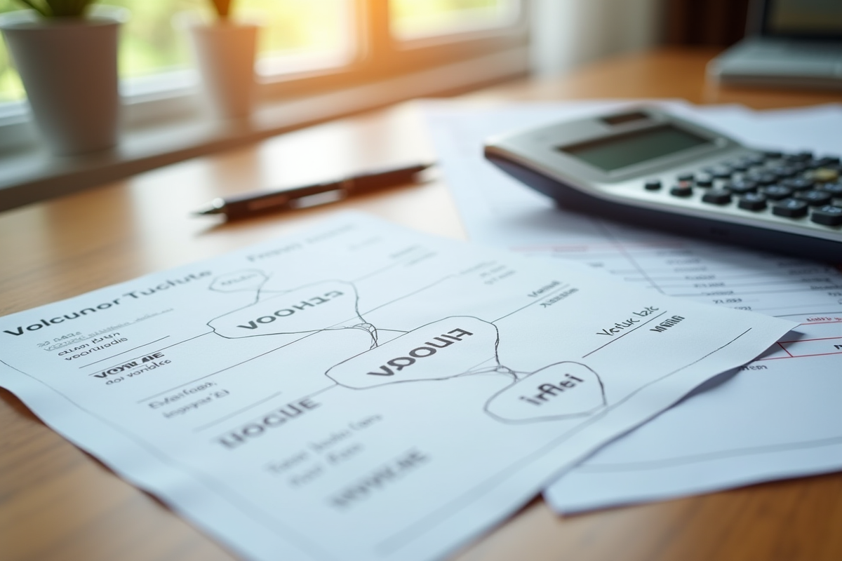 Vouchers Kadeos Infini étalés sur un bureau en bois avec calculatrice et documents